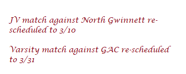 3/9 Match rescheduled to 3/31 @ GAC